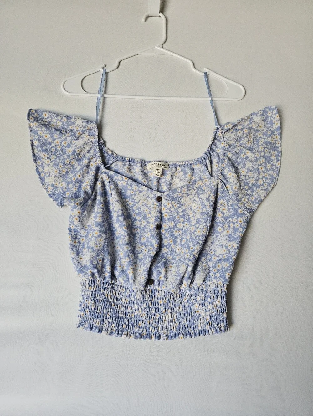 Monteau Blue Floral Smocked Crop Top Off The Shoulder XL